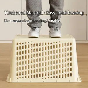 Durable reinforced plastic storage basket with ventilated design for home organizing.