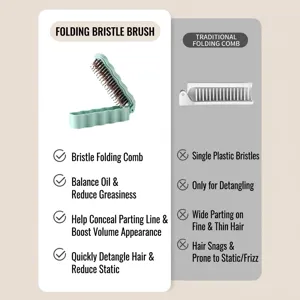 Portable foldable boar bristle hairbrush for detangling and scalp massage