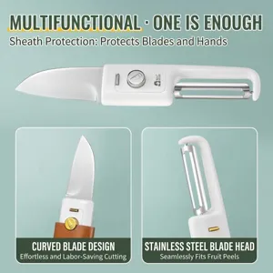 2-in-1 multifunctional paring knife and fruit peeler tool with stainless steel blade.
