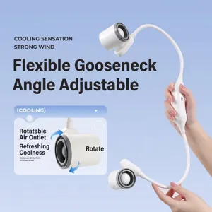 White portable neck fan featuring universal flexible tube and rotatable air outlets for cooling