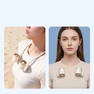 Portable beige neck fan with hands-free dual-head design for cooling and outdoor use