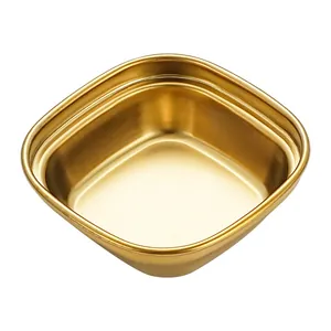 Square gold stainless steel seasoning dish for Korean BBQ sauces and hot pot dipping.