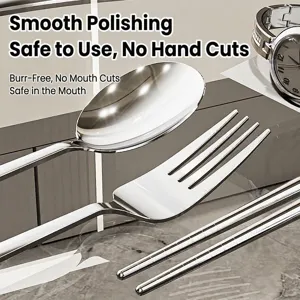 Polished 304 stainless steel cutlery set with portable spoon, fork, and chopsticks for travel
