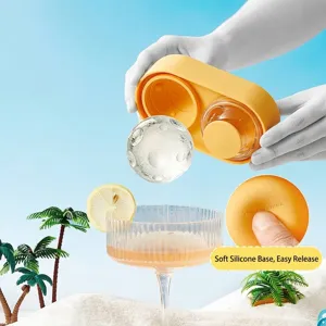 Yellow silicone double sphere ice ball maker for whisky cocktails with easy release