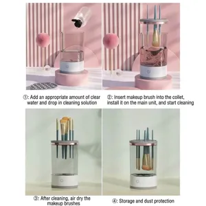 Automatic electric makeup brush cleaner with 4-step washing and drying instructions.