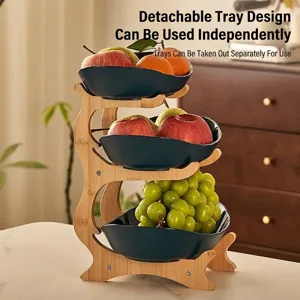 3-tier fruit stand with bamboo frame and dark blue ceramic bowls for home decor
