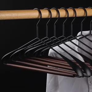 Premium beech wood clothes hanger with heavy duty wide non-slip black metal shoulders