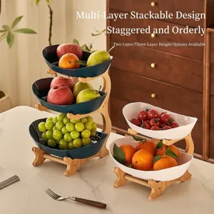 Elegant 2 or 3 tier bamboo and ceramic fruit platter tray for stylish home table storage