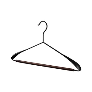 Professional wide shoulder beechwood and matte black metal clothes hanger for heavy coats