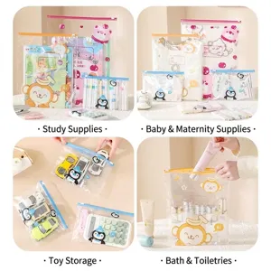 Set of cartoon waterproof slide-lock storage bags for school and travel organization