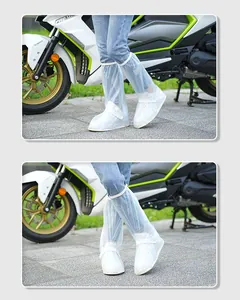 Detail view of high-tube waterproof shoe covers used outdoors for rain protection
