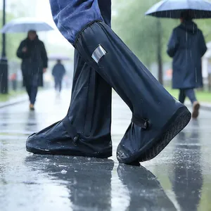 Waterproof high-top rain shoe covers with non-slip thick soles and reflective strips