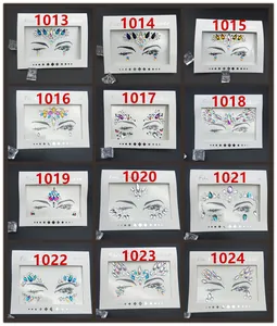 Vista detallada de doce diseños de pegatinas de diamantes de imitación para la cara de resina
