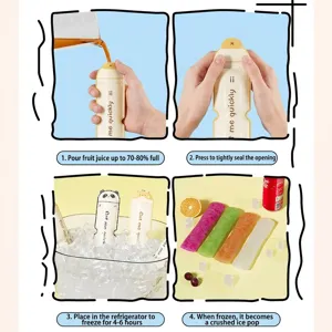 Four-step DIY popsicle mold instruction guide with cute animal-themed silicone ice pop bags.