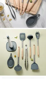 Detail of 8-piece silicone kitchenware set with wood handles and storage stand