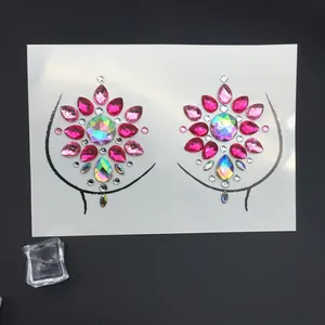Exquisitos adhesivos de pecho de pedrería floral rosa e irisada para decoración festiva