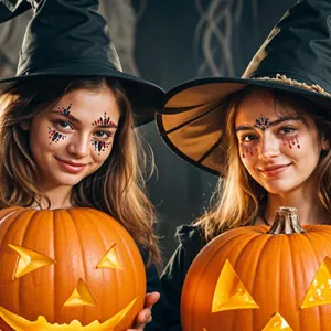 Detailed close-up of Halloween face rhinestone stickers on models wearing witch hats