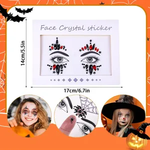 Detailed view of Halloween face crystal stickers with dimensions and model application examples.