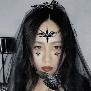 Close-up detail of dark gothic black face rhinestones and teardrop eye stickers on model