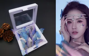 Vista detallada de pegatinas de mariposa de organza azul y pedrería brillante para ojos
