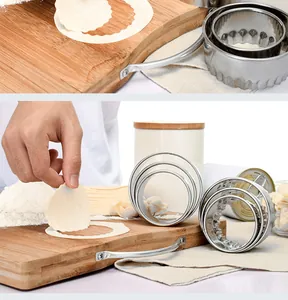 Stainless steel dumpling skin mold set showing cutting process on a wooden pastry board.