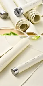Close-up detail of silicone rolling pin with measurement scale and metal end cap