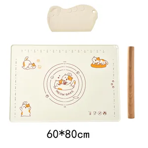 Large 60x80cm silicone baking mat set with cute orange cat patterns and wooden rolling pin