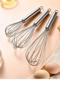 Three professional stainless steel wire whisks in multiple sizes for versatile baking.