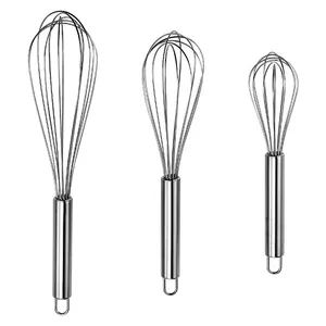 Set of 3 stainless steel balloon whisks in 8, 10, and 12 inch sizes for kitchen baking