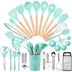 Juego de utensilios de cocina de silicona verde menta de 44 piezas con mangos de madera y cubo