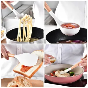 Escenarios de uso detallados del juego de utensilios de cocina de silicona blanca con mangos.