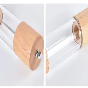 Macro detail of oak wood and clear acrylic splicing on a manual pepper grinder