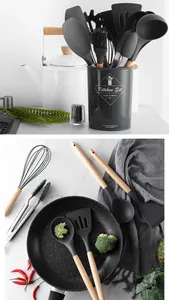 Dark grey silicone kitchen utensils with wooden handles arranged with a frying pan