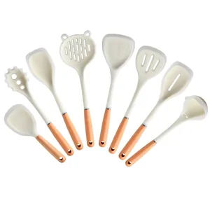 Premium 8-piece cream white silicone kitchen utensil set with ergonomic wooden handles