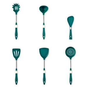 6-piece teal silicone and stainless steel kitchen utensil set for non-stick cooking pans