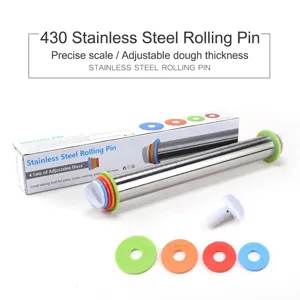 17-inch adjustable stainless steel rolling pin with thickness rings and measurement scale