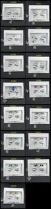 Macro detail of 15 various face crystal sticker designs with sparkling rhinestones