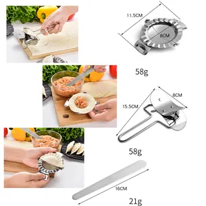 Detail of stainless steel 304 dumpling maker set showing dimensions and usage scenes.