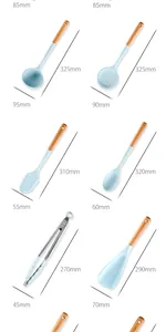 Detailed size dimensions of light blue silicone kitchen utensils with wood handle