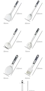 Detailed dimensions of silicone kitchen utensil set including spatula spoon and brush