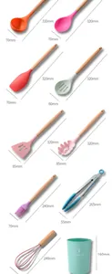 Detailed size guide for 11-piece colorful silicone kitchen utensil set with wooden handles