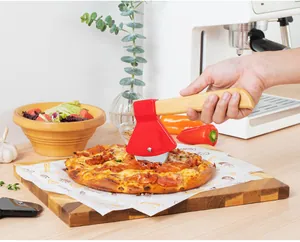 Creative axe-shaped pizza cutter with wooden handle slicing a fresh pizza
