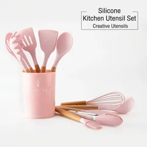 11pcs pink silicone kitchen utensil set with natural wooden handles and storage bucket