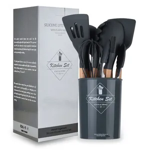 Dark grey silicone kitchen utensil set with wooden handles and storage bucket in box