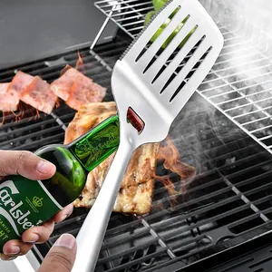 Multifunctional 16-inch stainless steel BBQ spatula with bottle opener and serrated edge