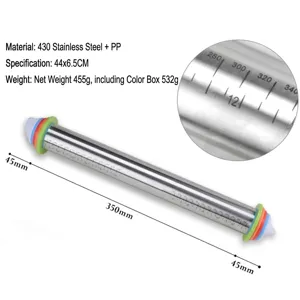 17 inch adjustable stainless steel rolling pin with measurements and thickness rings