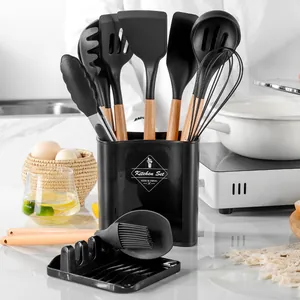 13-piece black silicone kitchen utensil set with natural wooden handles and holder