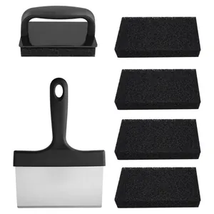 Set professionale raschietto per barbecue in acciaio inox con 5 spugne in nylon nero