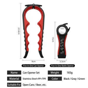 5-in-1 Glasöffner und Flaschenöffner Set mit Größenangaben und Materialdetails