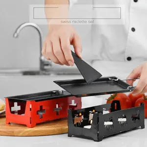 Mini Swiss Cheese Raclette Kit Non Stick Iron Baking Pan With Candle Holder Stand Wood Steel Handle For Cheese Melting Portable Kitchen Tool